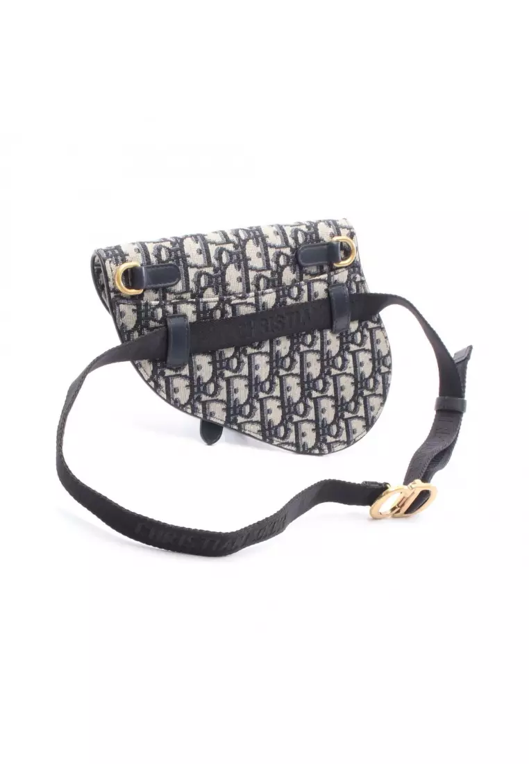 Pre-Loved Christian Dior SADDLE saddle oblique waist bag body bag canvas leather Navy gray