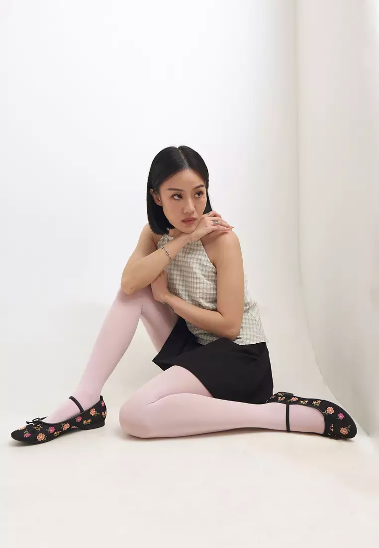 Lyla Mary Jane Mesh Flat Shoes Embroidery Flower Ballerina Black