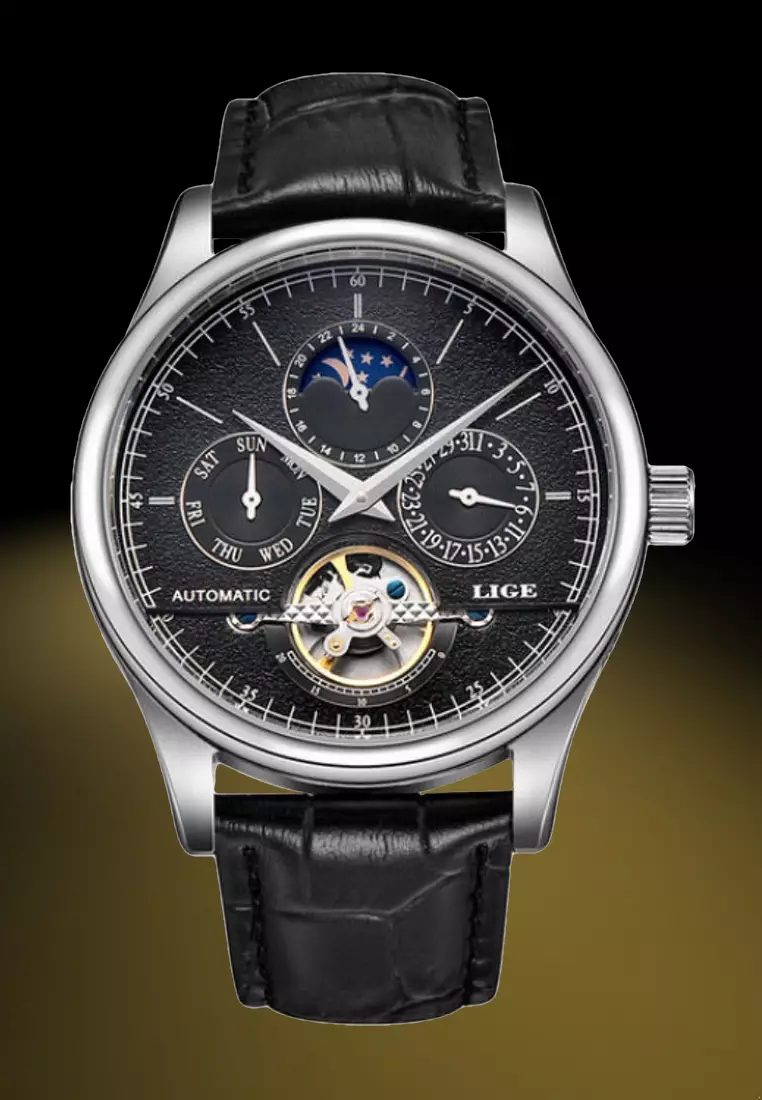 Unisex AUTOMATIC Stainless Steel Watch 44mm, Black Dial and Leather Strap