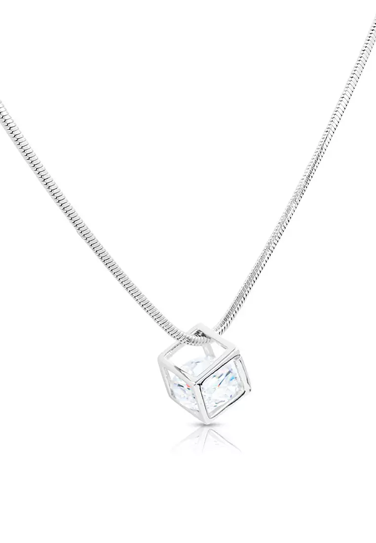 SO SEOUL Sequoia 3D Cubie Cube Diamond Simulant Cubic Zircon Stud Earrings with Pendant Chain Necklace Jewelry Gift Set