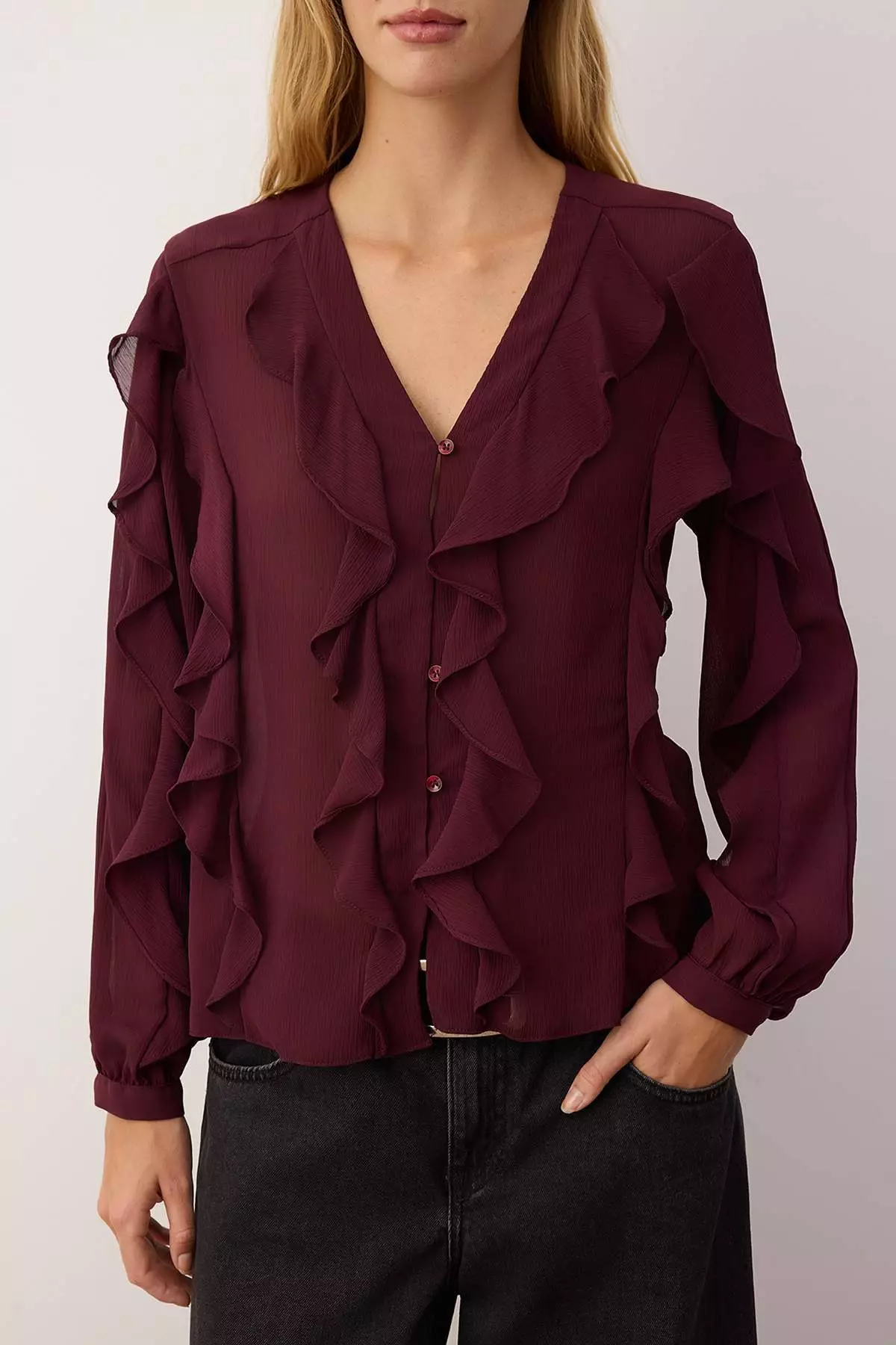 Burgundy Flounced Boho Semi-Transparent Shirt Twoaw26Go45