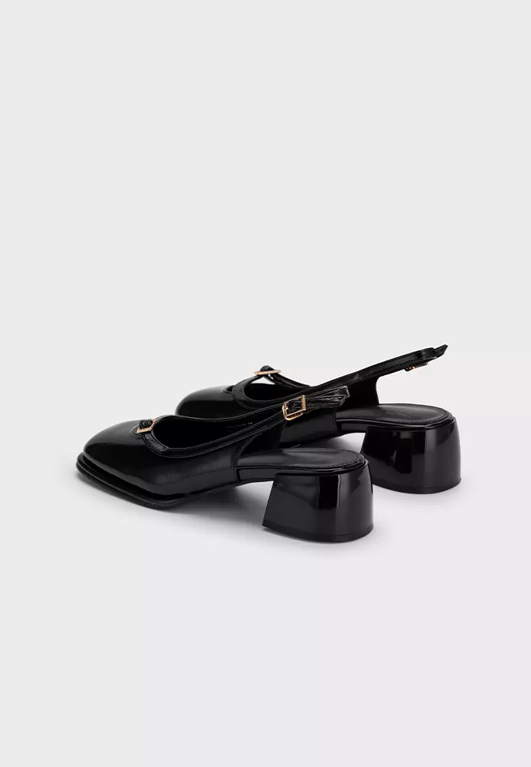 STEP-WIDE SQUARE TOE SLINGBACK CHUNKY HEEL