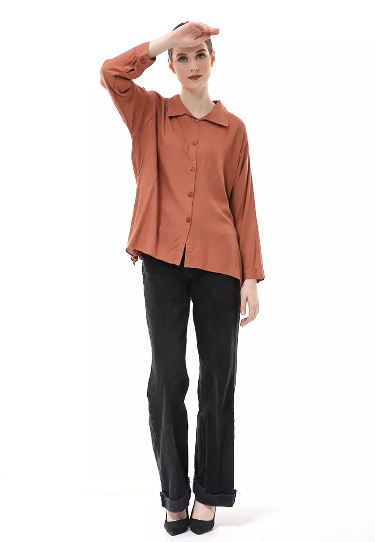 Ayudia Shirt Long Sleeve Atasan Wanita Premium Quality - Dark Choco