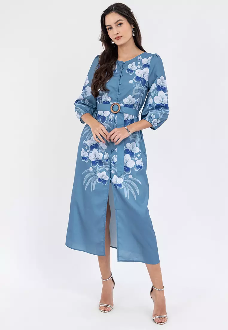 DELLENA Belted Filipiniana Dress with Print
