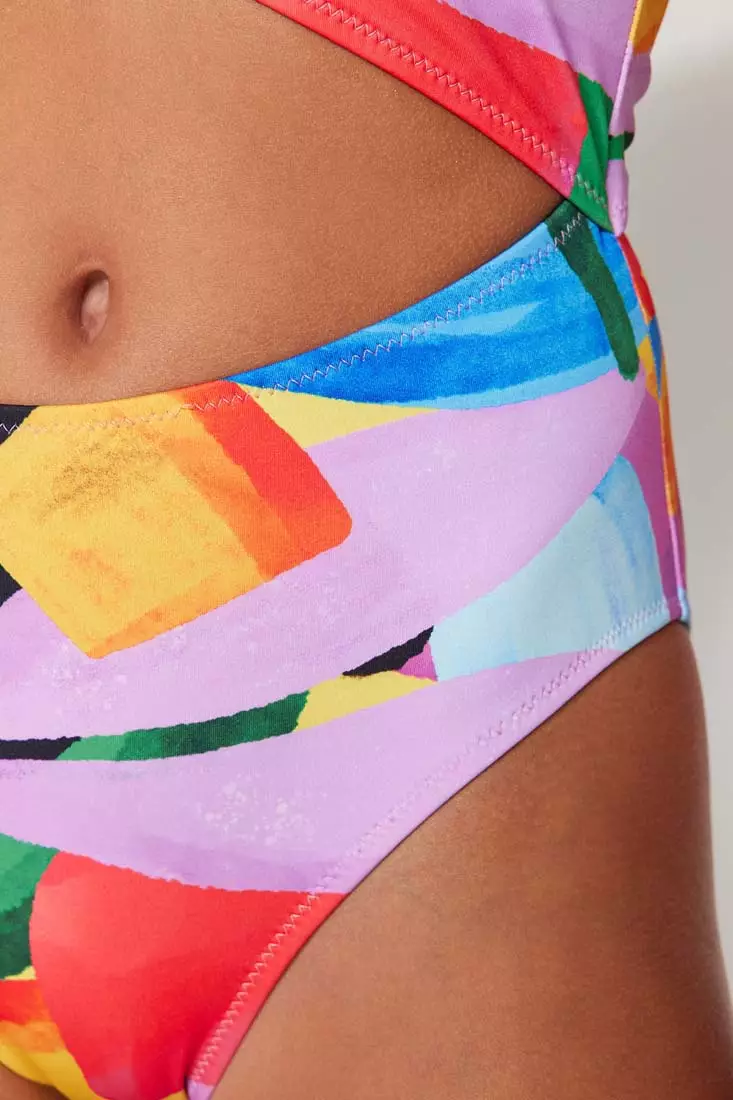 Abstract Pattern One-Shoulder Swimsuit with Cut Out/Windowed Regular Leg