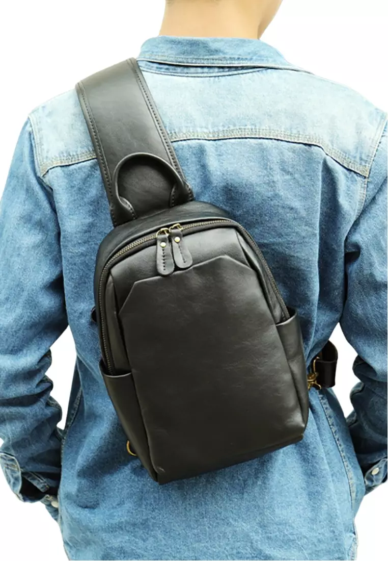 Men's Crazy Horse Cow Leather Zipper Belt Bags Chest Bags