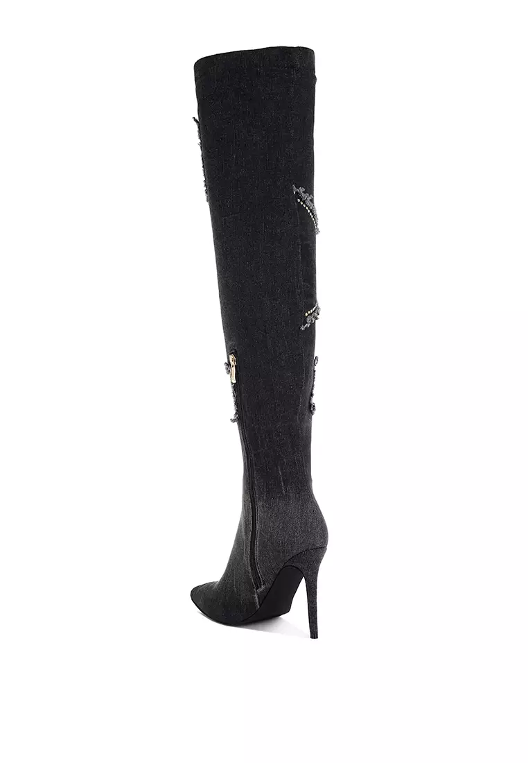 Rhinestones Knee High Denim Boots in Black