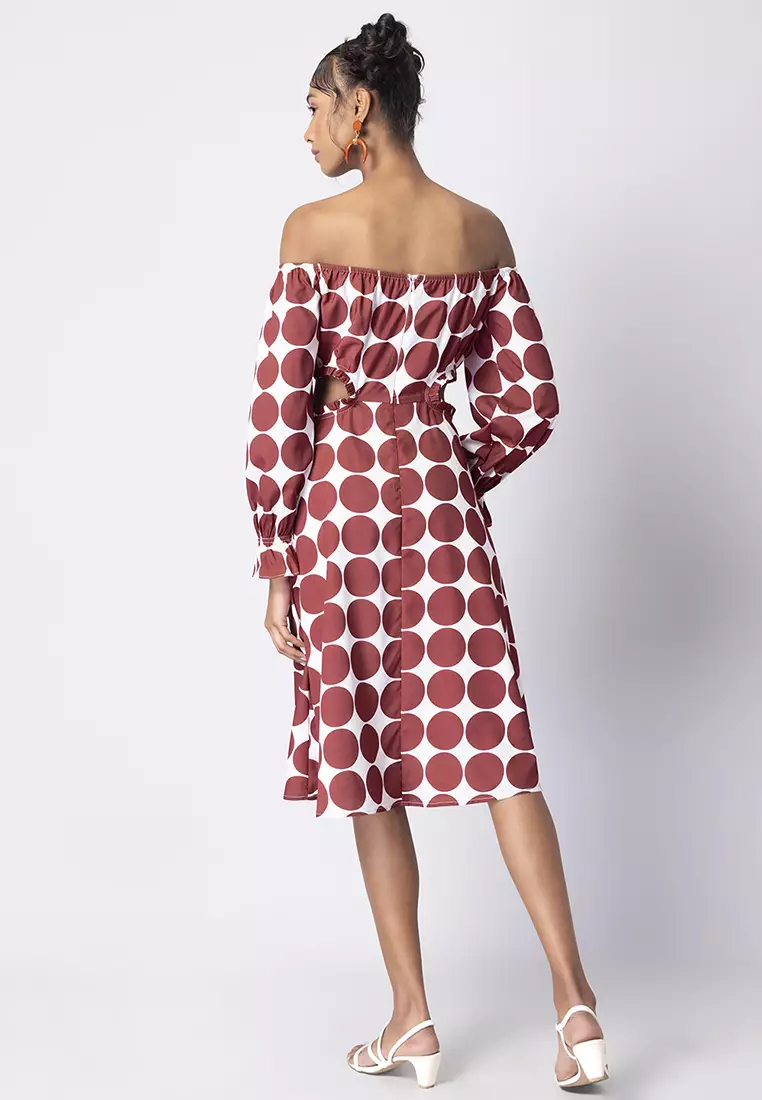 Maroon Polka Bardot Waist Cut Out Midi Dress