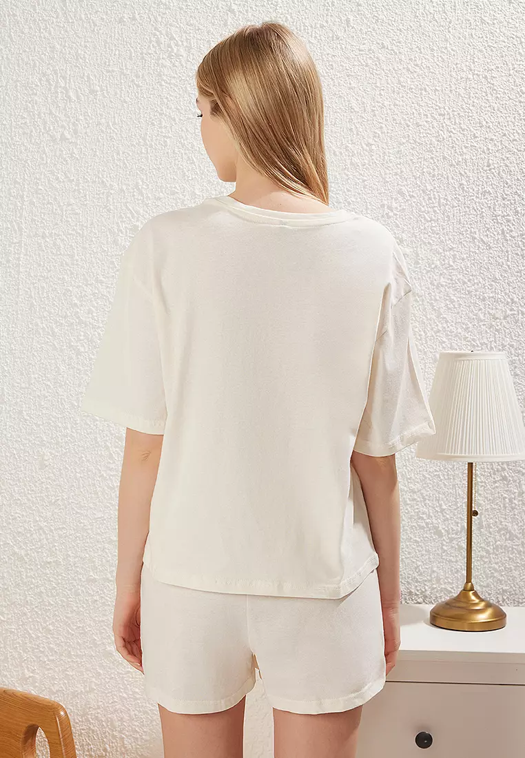 Ekru Coffee Printed Knitted Pajama Set With Shorts