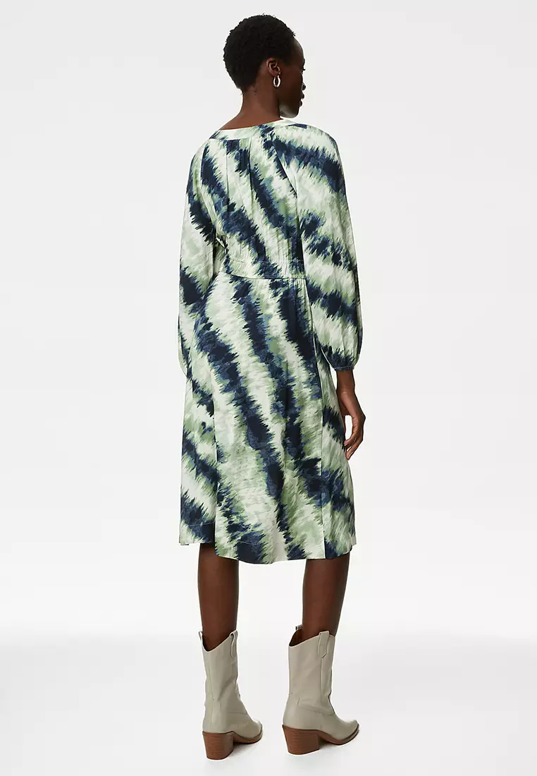 Printed Keyhole Pleated Midi Waisted Dress