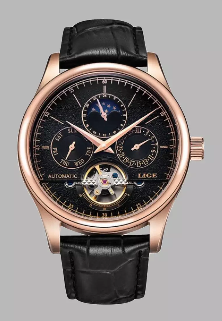 Unisex AUTOMATIC IP Rose Gold Color Stainless Steel Watch 44mm, Black Dial and Leather Strap