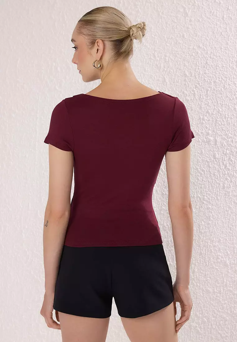 Burgundy Gather/Drape Detailed Fitted/Fitted Knitted Blouse