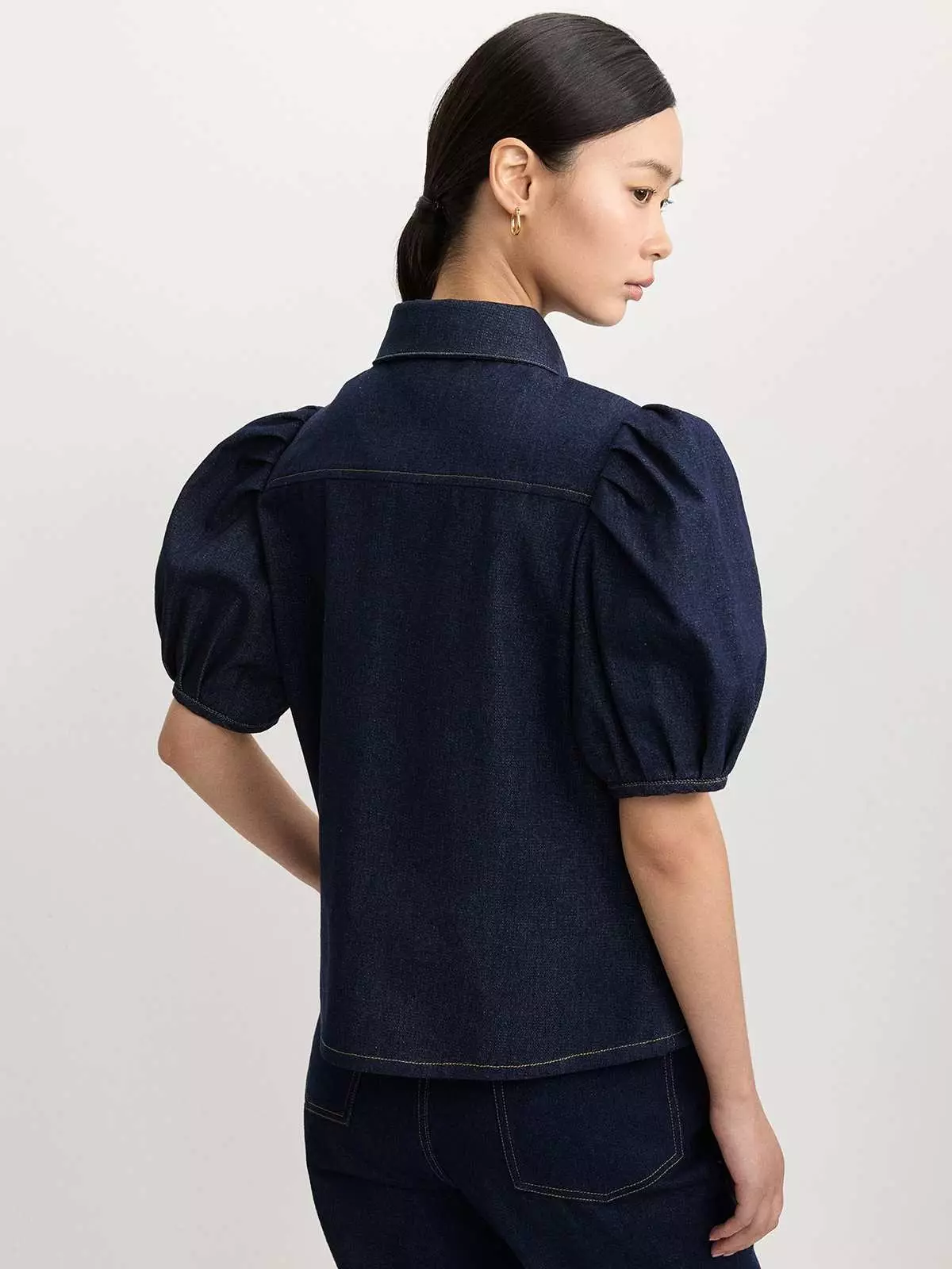 Pomelo - Blouse Wanita - Puffed Sleeve Denim Blouse - Blue