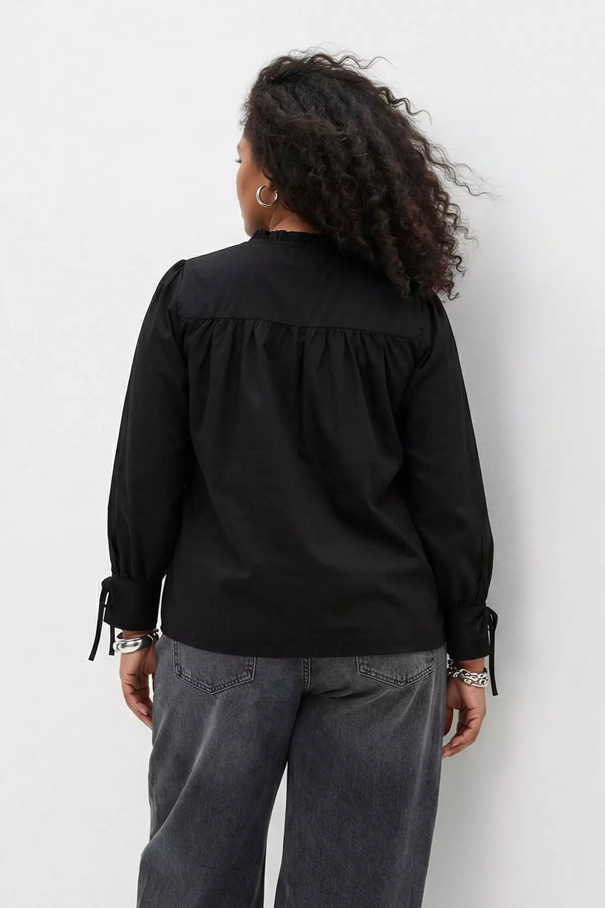 Black Voile Thin Lace-Up Summer Woven Plus Size Blouse Tbbss26Af00020