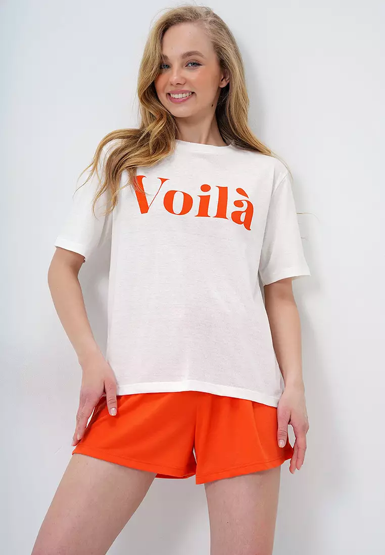 Women's Orange Front Text Printed Cotton Basic T-Shirt And Shorts Combed Cotton Bottom Top Set Pjm-X13902
