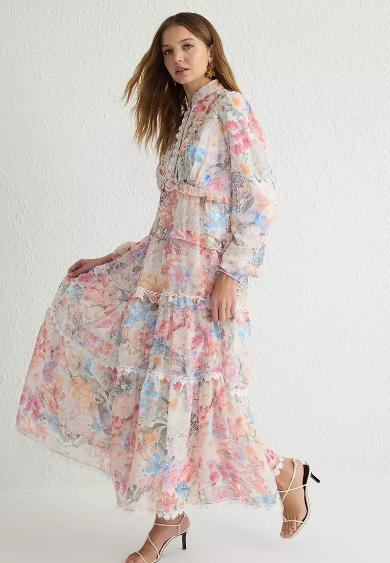 Multicolored Floral Patterned Lined Chiffon Woven Dress TCTSS25EB00050