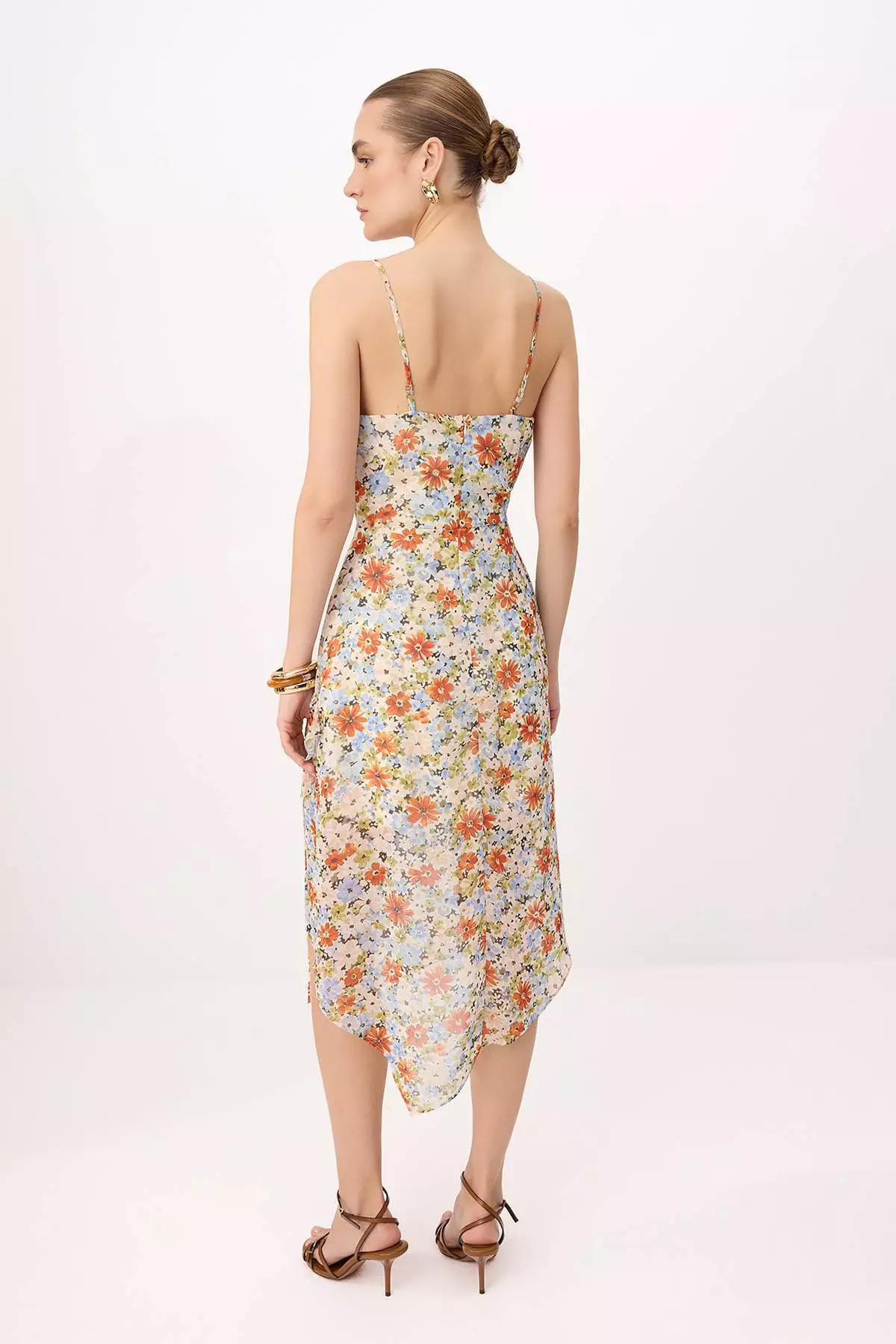 Multi-Colored Floral Frilly Chiffon Lined Midi Woven Dress Twoss26El322