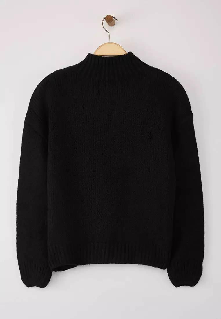 Black Soft Textured Thick Crew Neck Knitwear Sweater