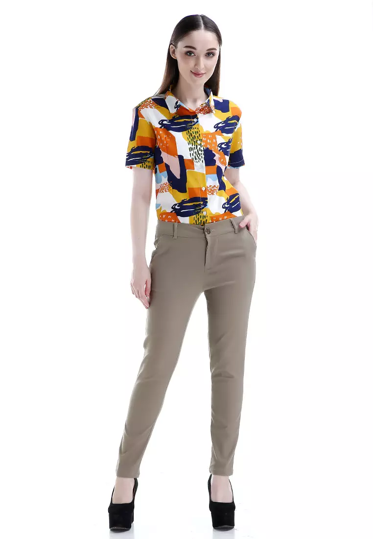 Tinsley Celana Chino Bawahan Wanita Kasual Motif Solid Long Pants Woman - Mocca