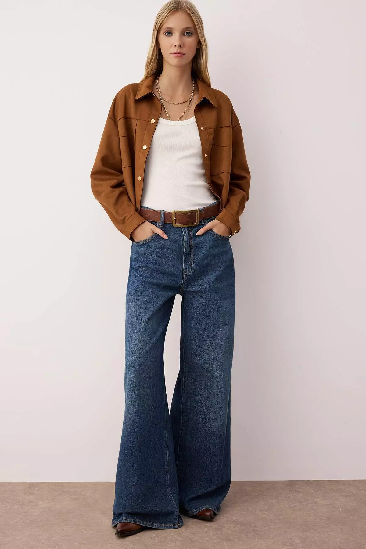 Brown Gold Button Detailed Suede Shirt Jacket