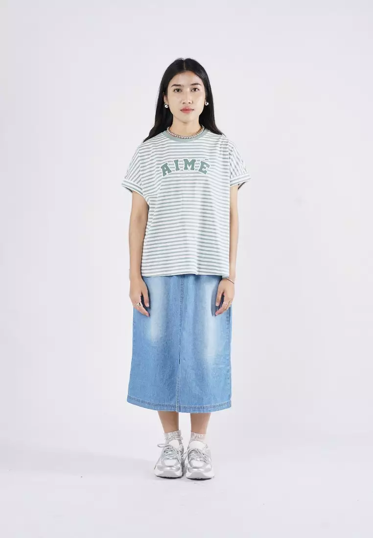 3Second Kaos Garis Wanita Lengan Pendek Oversized Fit Stripe Tee Anne C190325