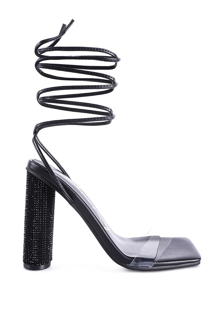 Black Lace Up Diamante High Heeled Sandal