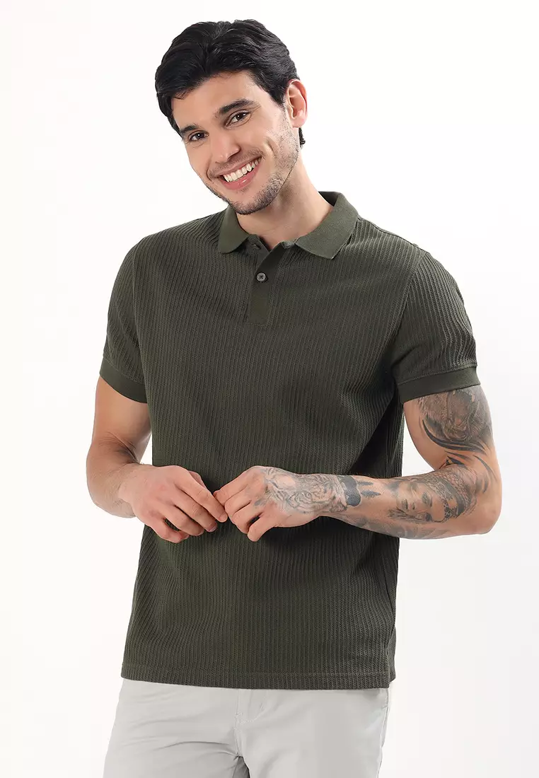 Mens Short Sleeve Textured Fabric Olive Cotton Polo Shirt/T-shirt, Short Sleeve,Sports-Casual, Activewear