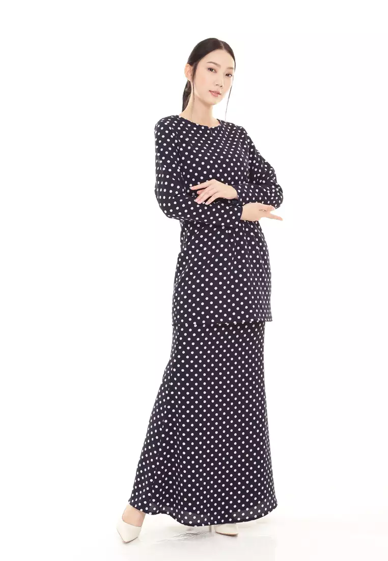 Rina Polka Dot Printed Kurung Basic Modern in Dark Blue