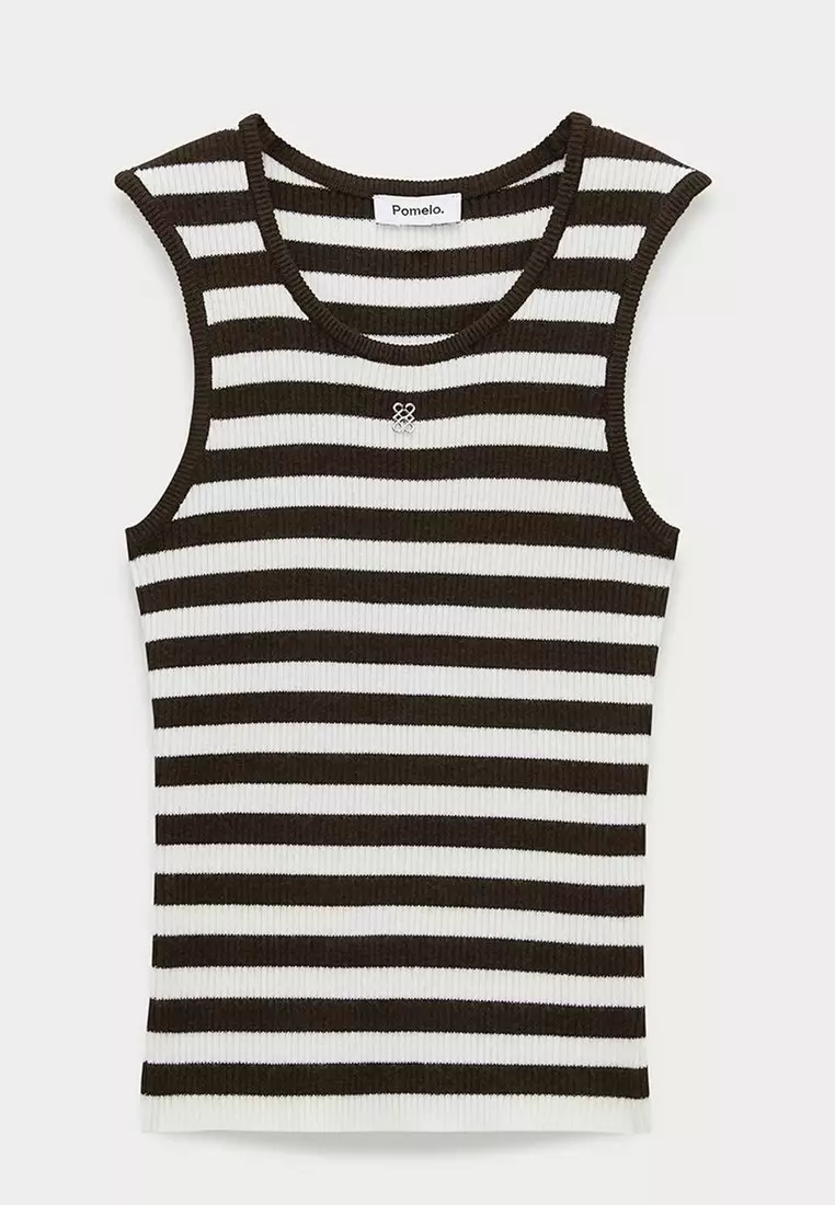 Striped Scoop Neck Knit Tank Top - Brown