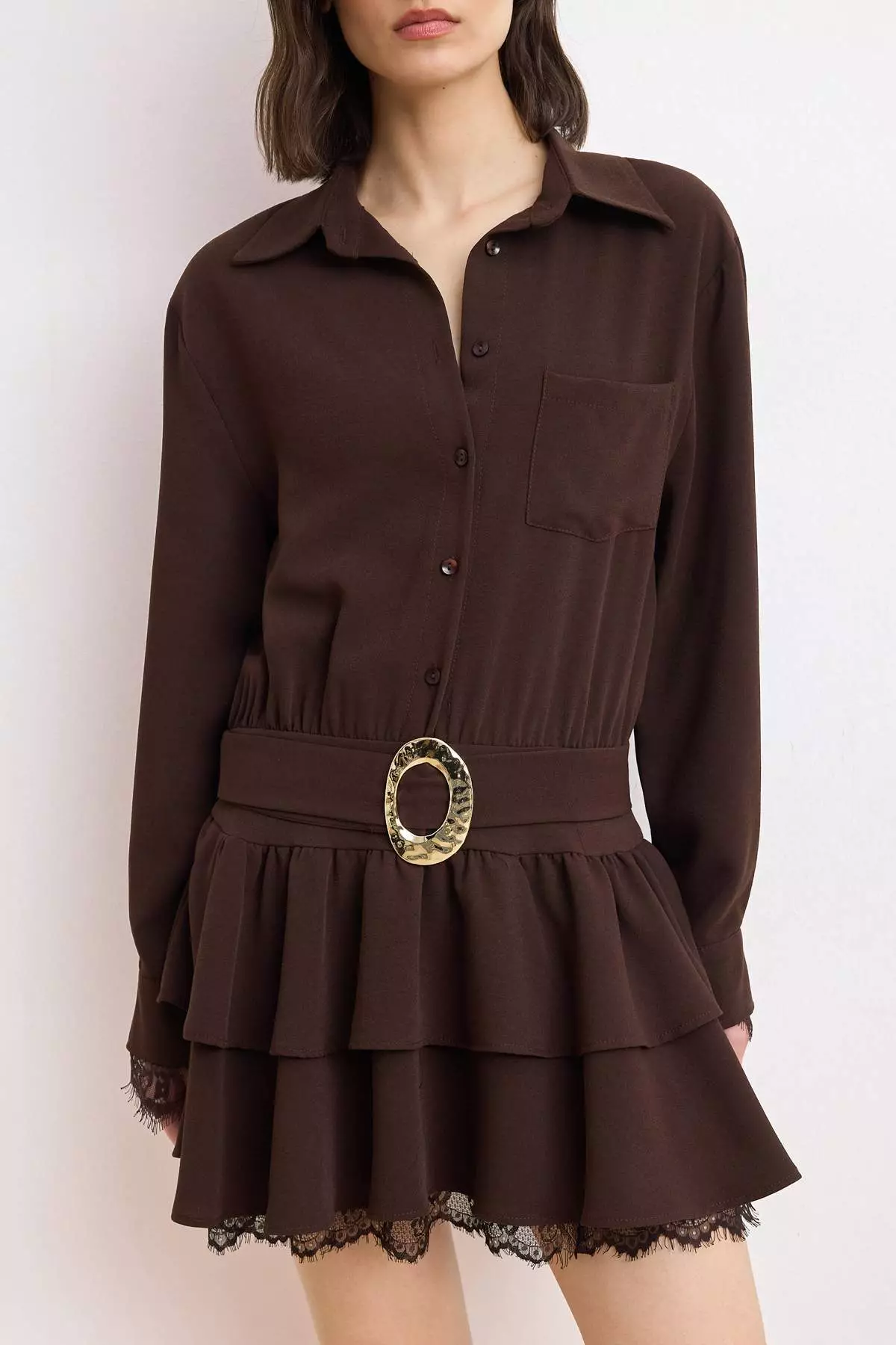 Brown Belt Li Lace Detailed Woven Shirt Collar Dress Twoss26El613
