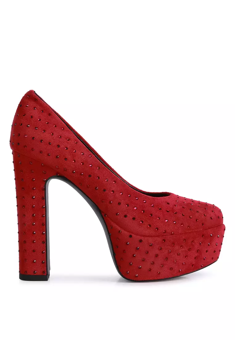 Discount on Rag & Co.  shoes - SKU: Red Diamante Platform Heel Block Pumps