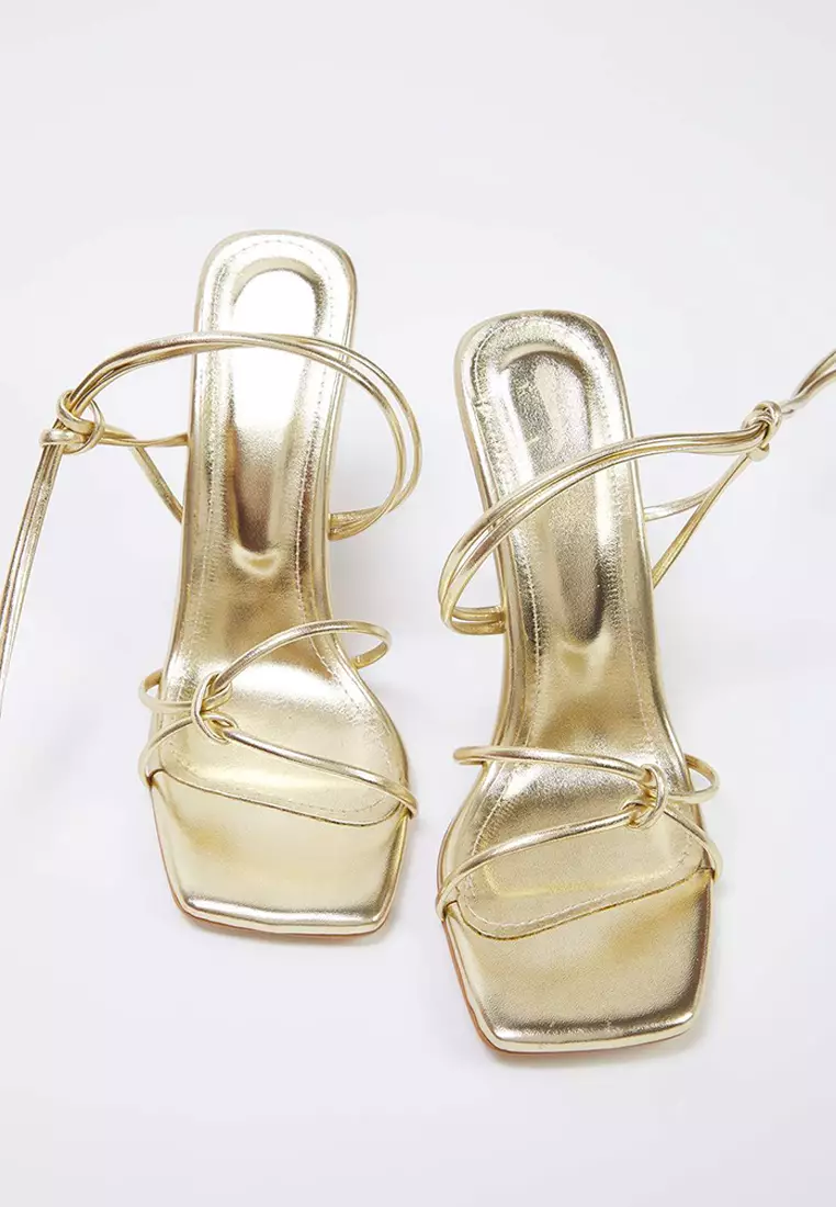 Gold Ankle Strap Detail Women Thin Heeled Sandals Takss25To00095