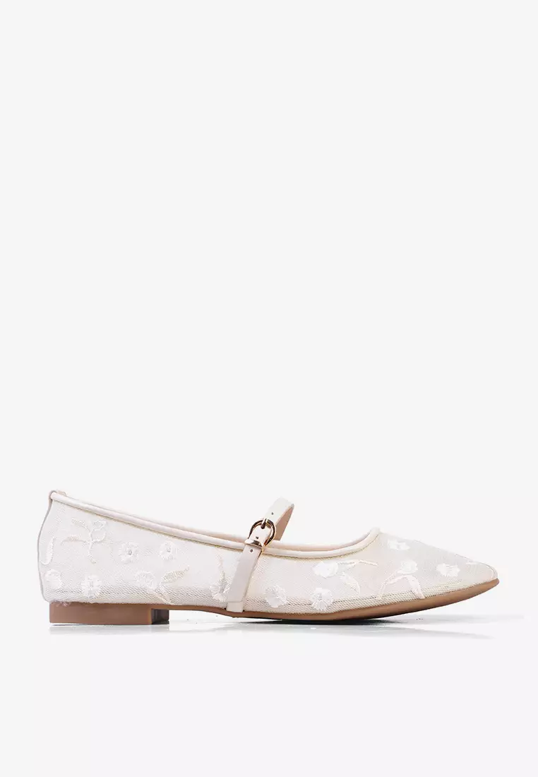 Eloise Mary Jane Mesh Flat Shoes Embroidery Flower Ballerina Cream