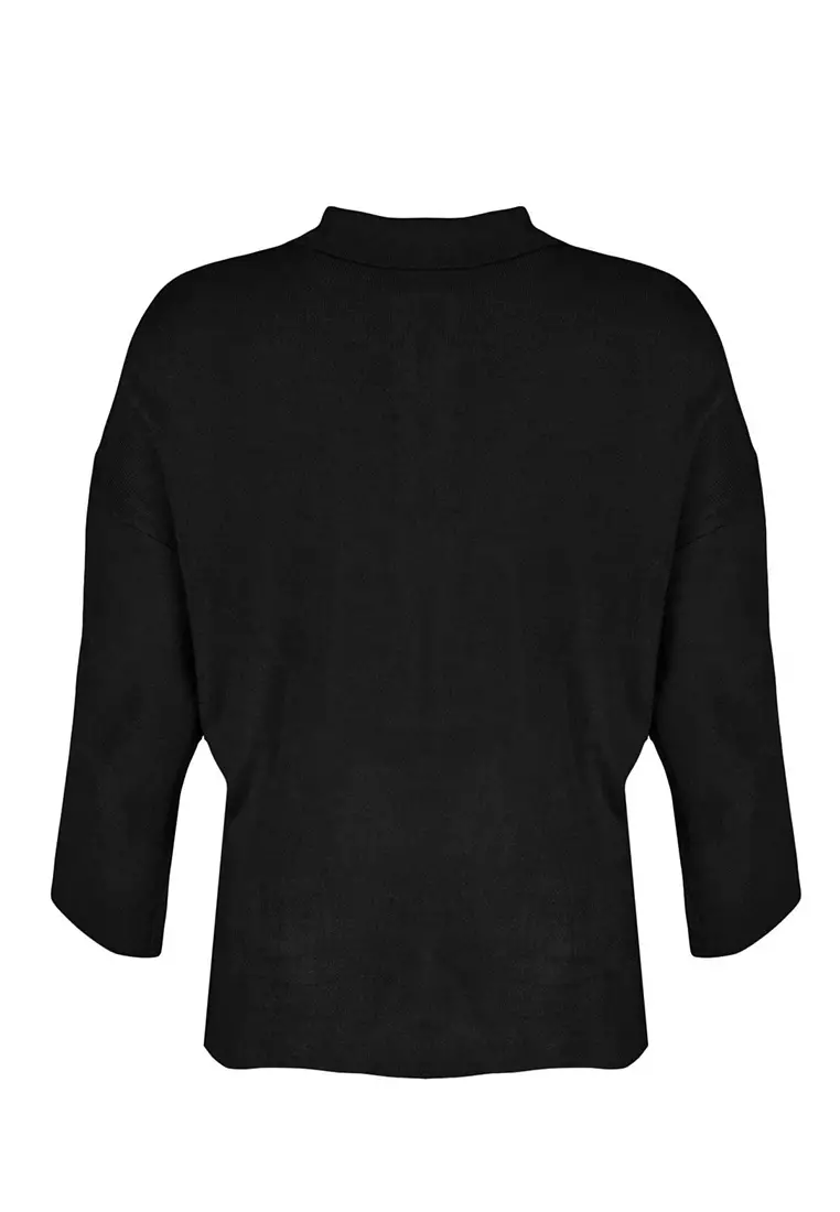 Black Polo Collar Zipper Detailed Knitwear Sweater Tbbaw23An00056
