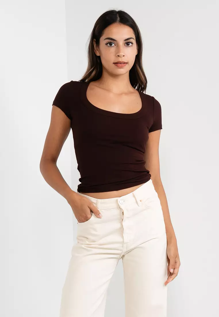 Staple Rib Scoop Neck Short Sleeve Top by Cotton On Online, THE ICONIC