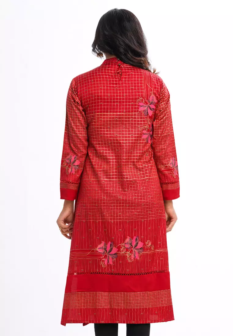 Le Reve Contemporary High Neck Foil Printed & hand Work Tunic