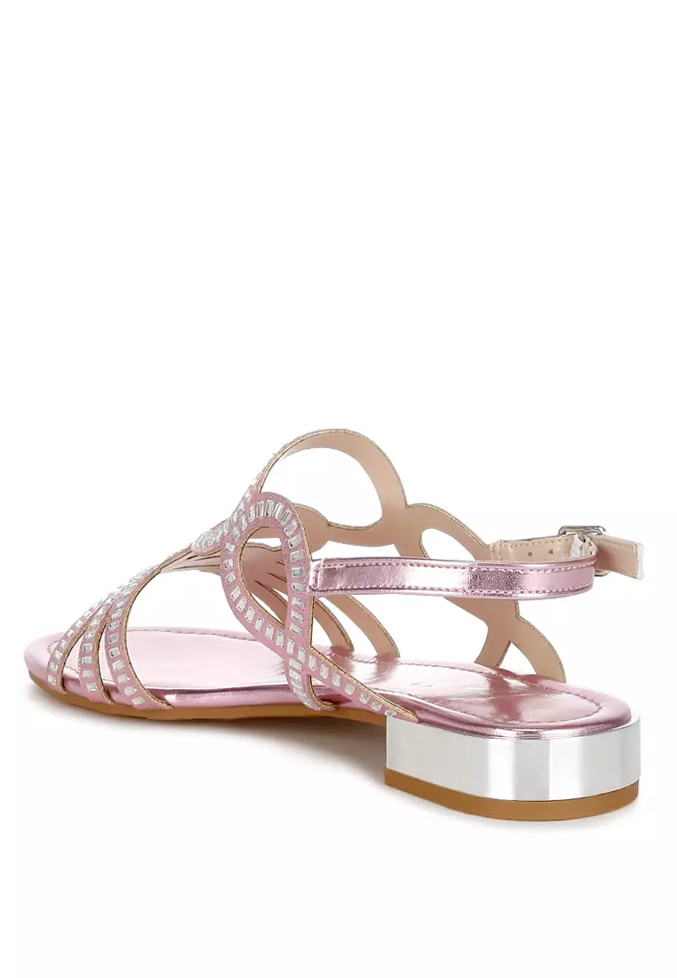 Sandal Datar Berlian Imitasi Detail Potongan Warna Pink