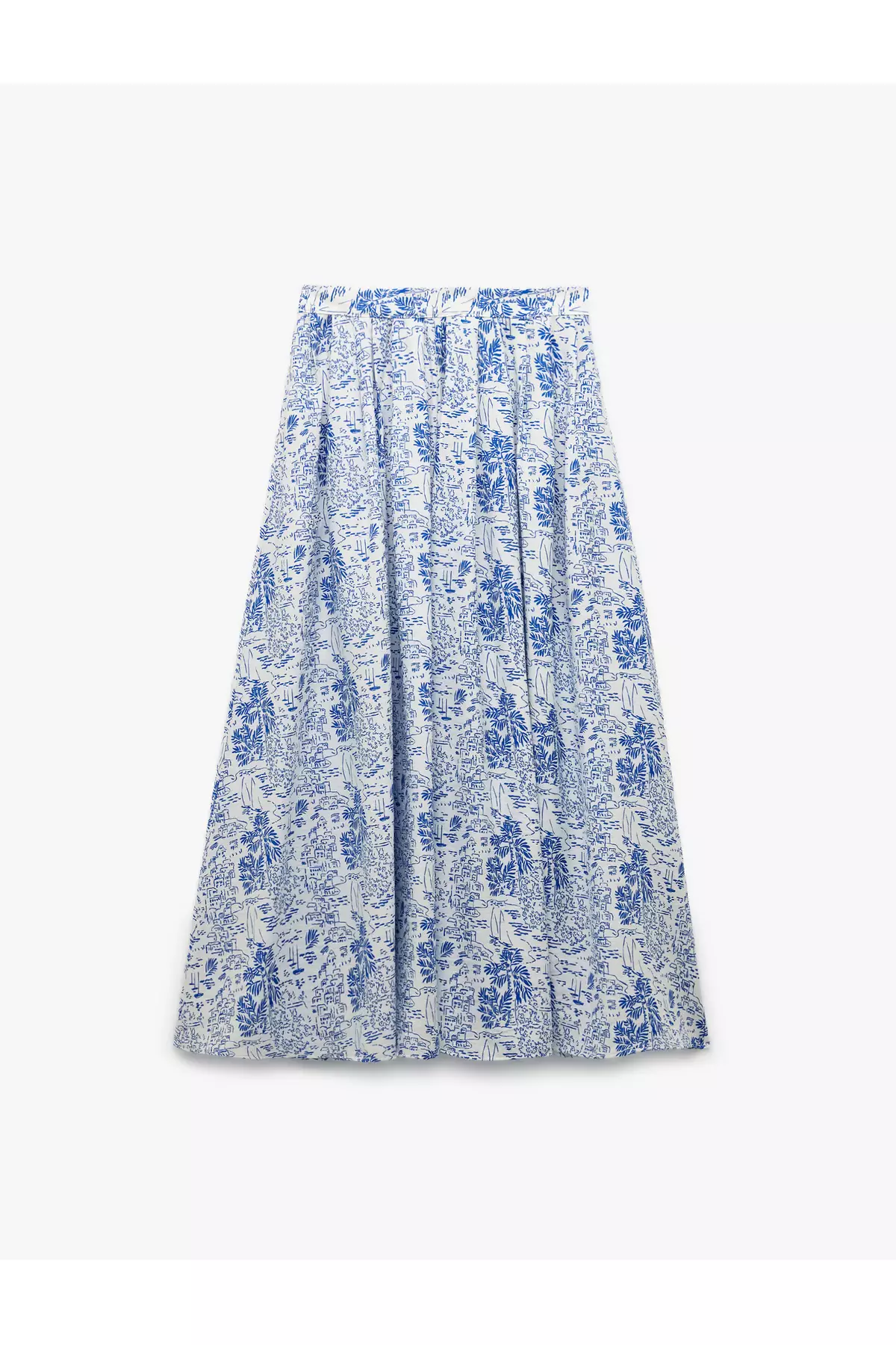 Viscose Fabric Slit Landscape Themed Printed Pleated Midi Flared Skirt