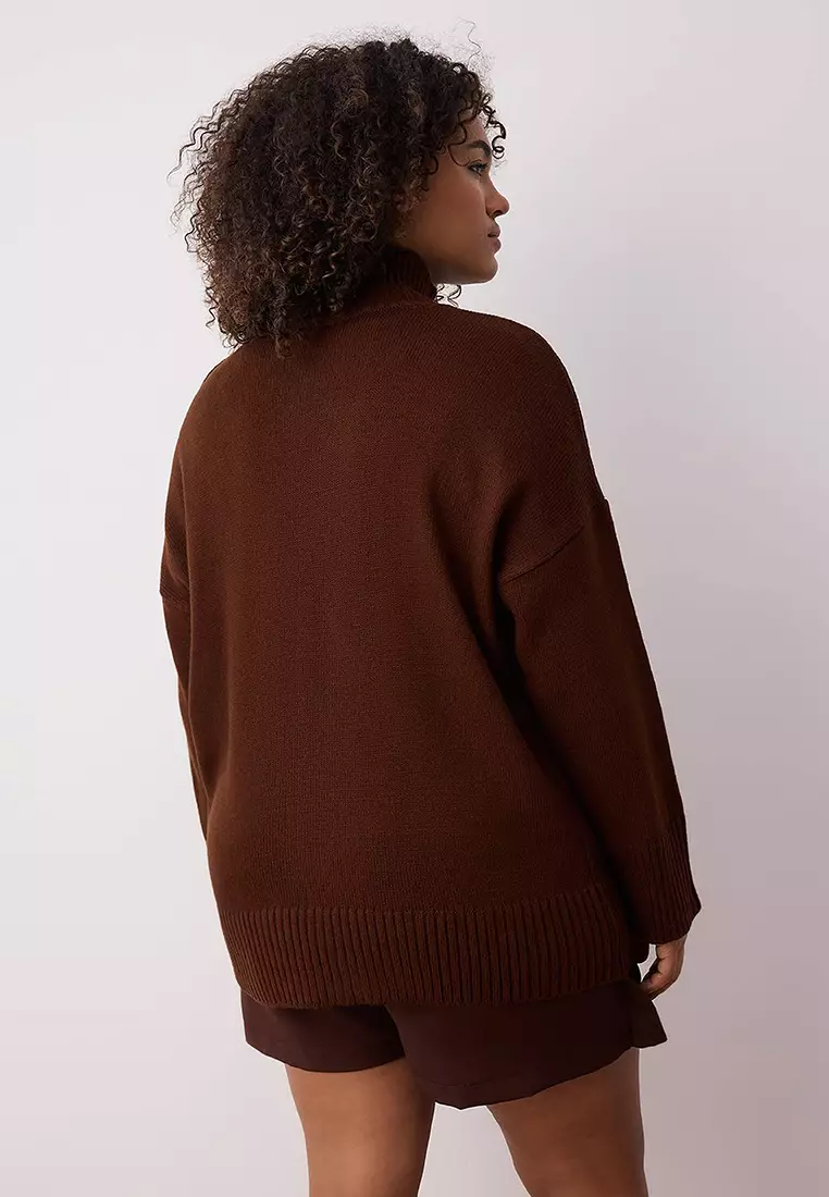 Brown Turtleneck Off-Shoulder Knitwear Sweater