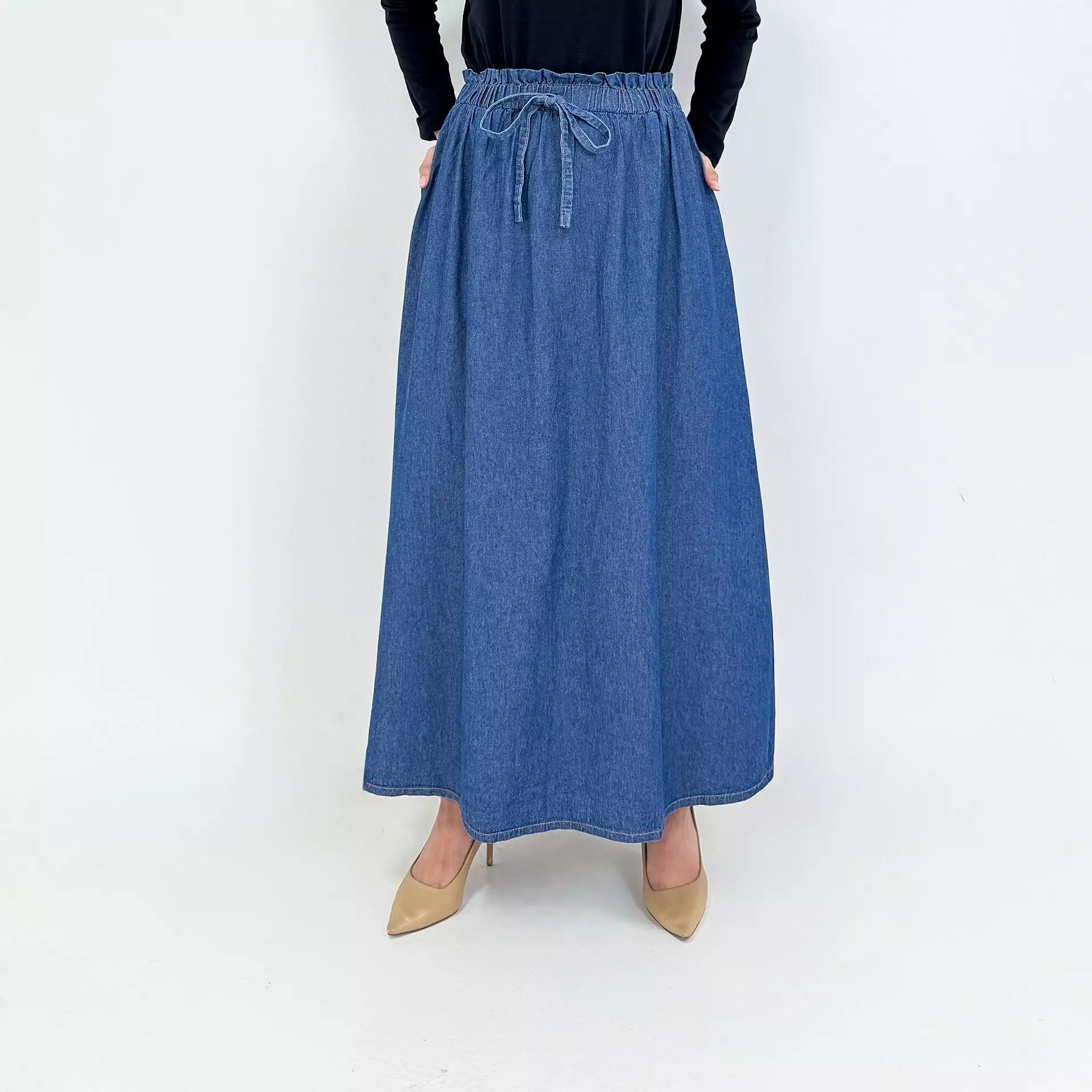 Tiara Rok Panjang Jeans Wanita  [BIRU TUA] Maxi Fit 90 Kg