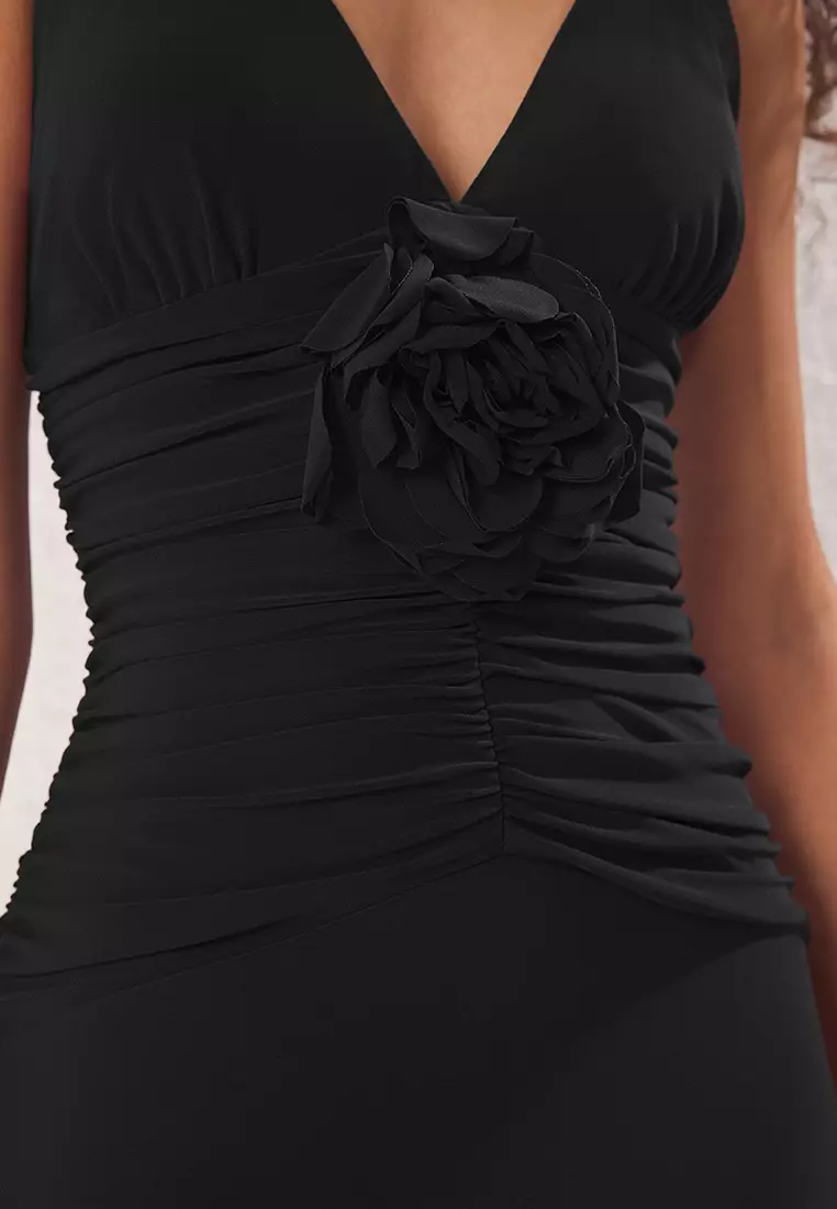 Black Rose Detailed Knitted Maxi Elegant Evening Night Graduation Dress