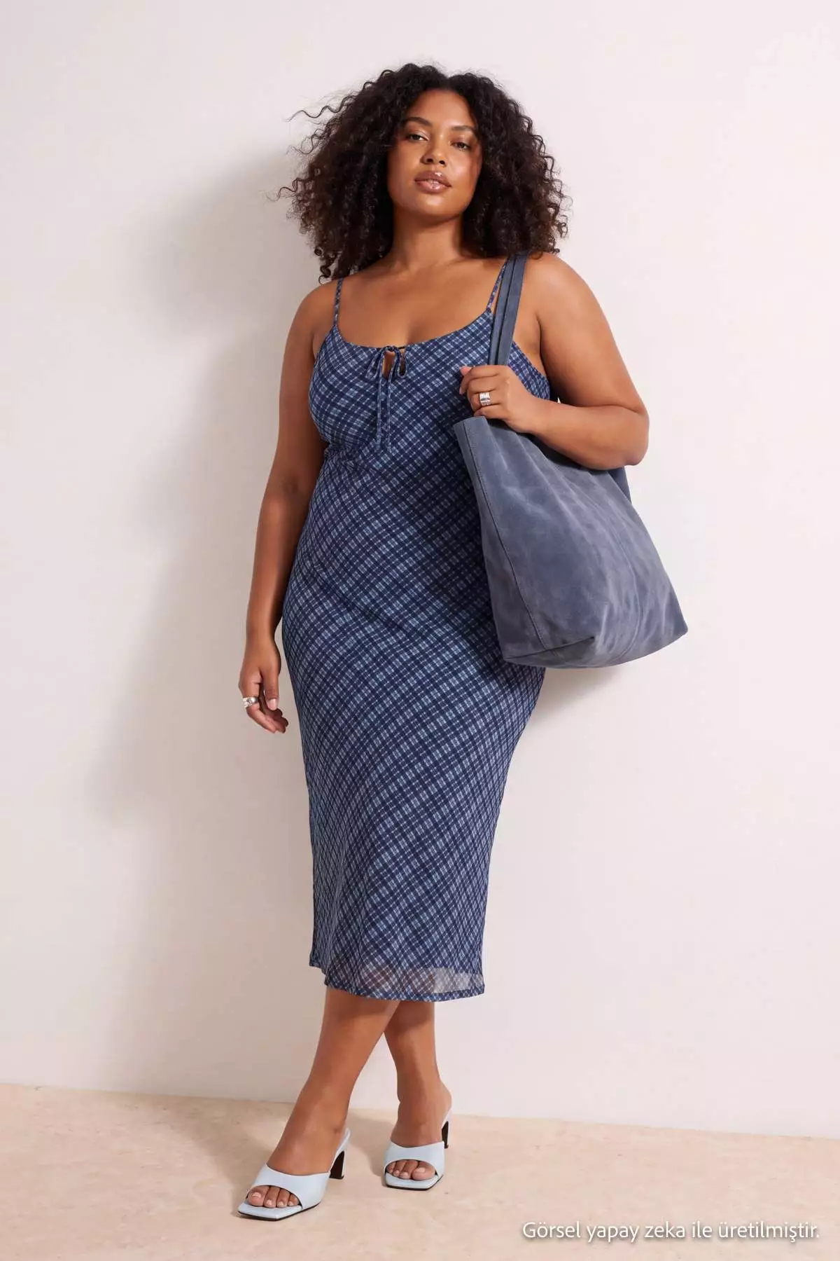Teen Blue Lacing Detailed Plaid Pack Tulle Maxi Stretchy Knitted Plus Size Dress
