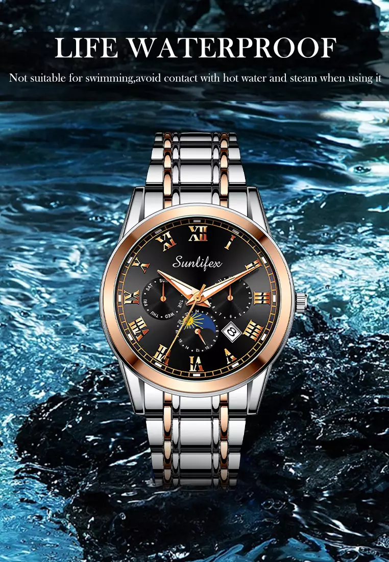 Jam Tangan Pria Tali Stainless Steel Anti Air Kuarsa Santai Mode Jam Tangan Cowok rose black