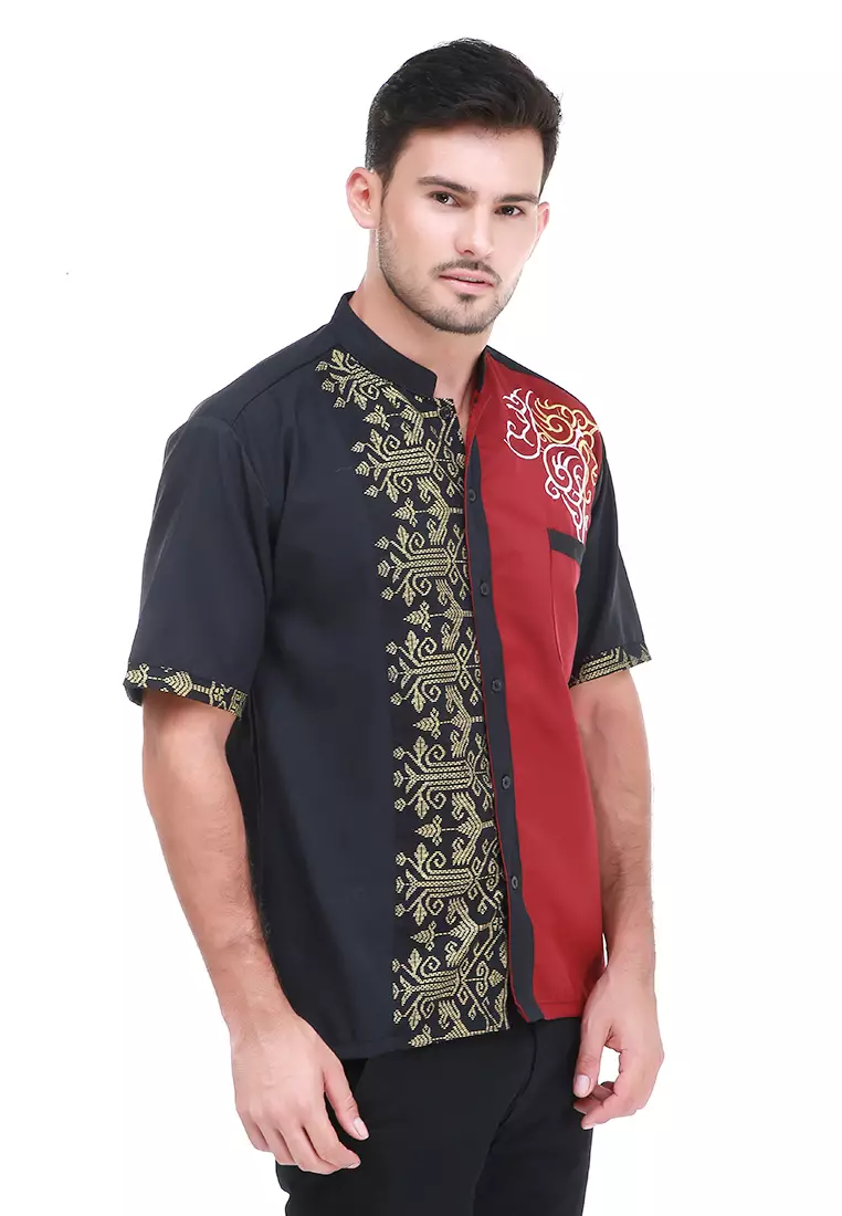 Dwan Kemeja Batik Pria Trident Motives Atasan Formal Shortsleeve Shirt Material Cotton ORIGINAL - Black Red