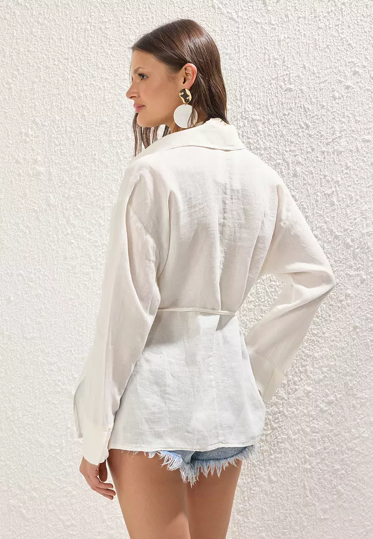 White Woven 100% Linen Tied Beach Shirt TBESS25GO00015