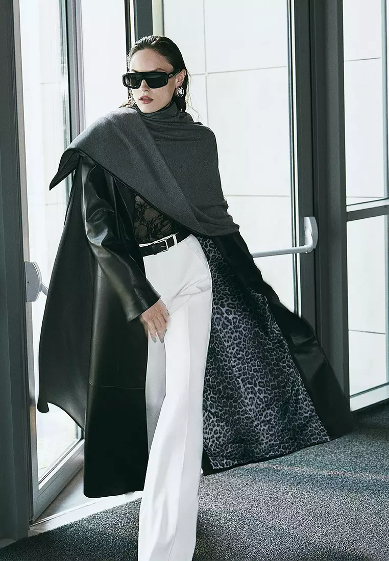Extra Long Faux Leather Trench Coat Double Breasted Buttoned Pockets