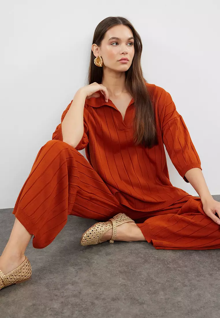 Tile Wide Pattern Basic Ribbed Knitwear Bottom-Top Set Twoss23Au00029