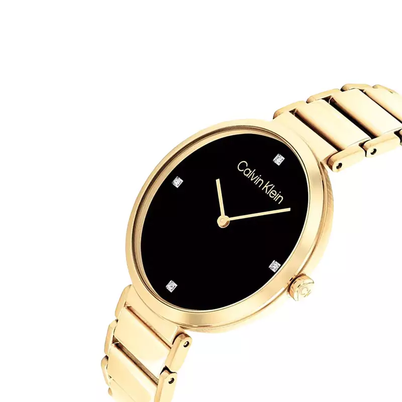 Jam Tangan Wanita Calvin Klein Minimalistic 25200136 Black Dial Gold Steel Strap
