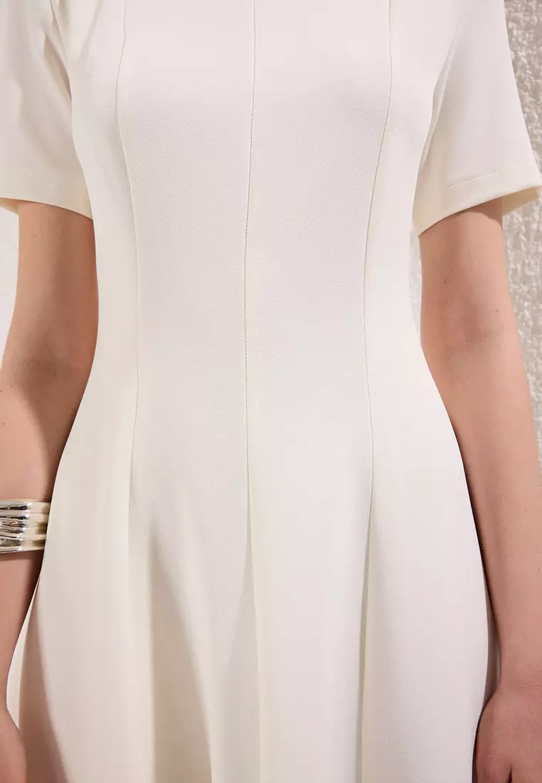 White Skirt Waist Opening Lined Midi Woven Dress Twoss25El00790