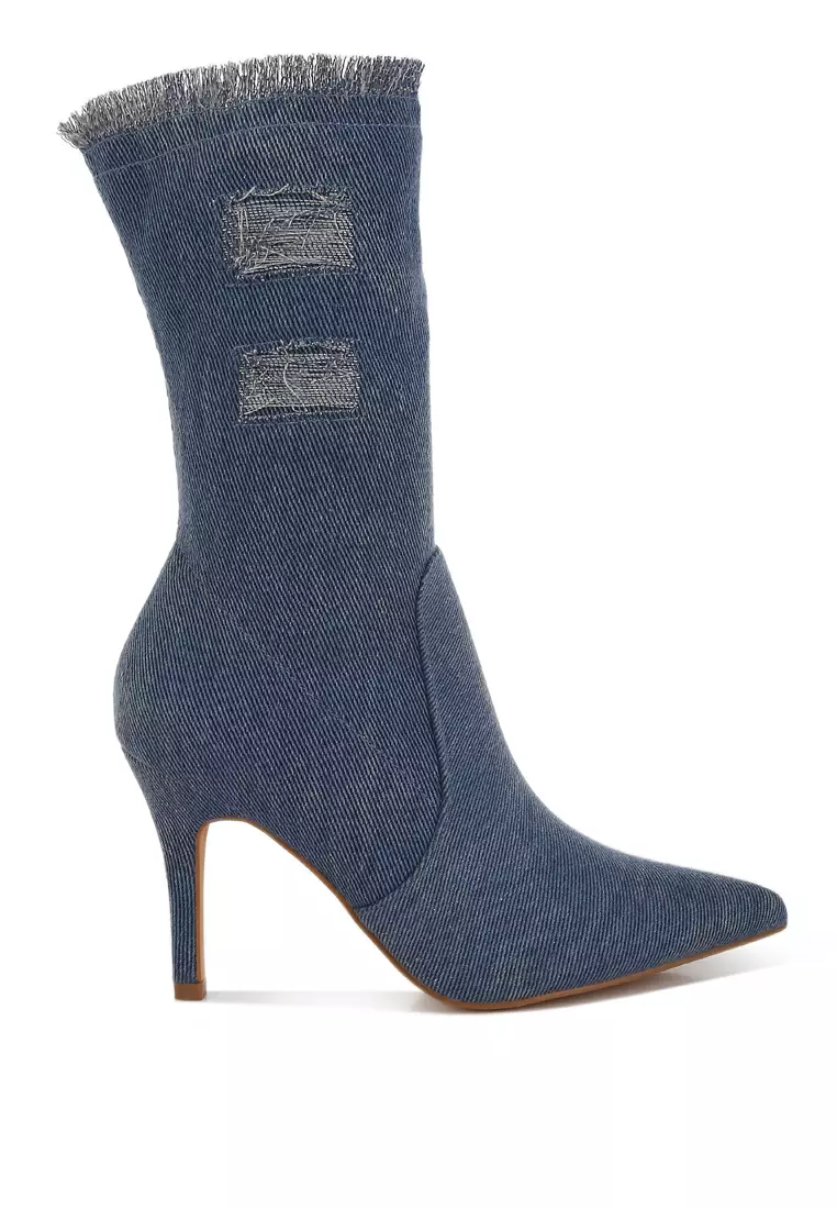 Discount on London Rag  shoes - SKU: Distressed Denim Mid-Calf Boots in Denim